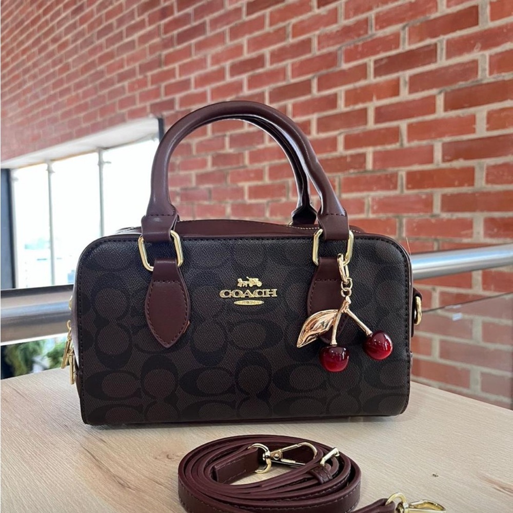 Coach Dark Brown Satchel with Cherry Charm